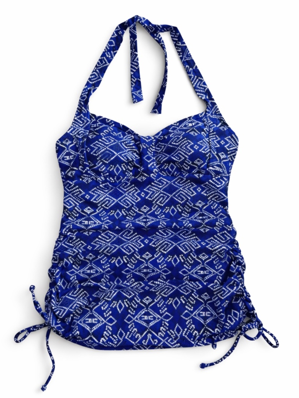 Christina Blue White Print Halter Tankini Top Ruched Sides – Size 8 EUC